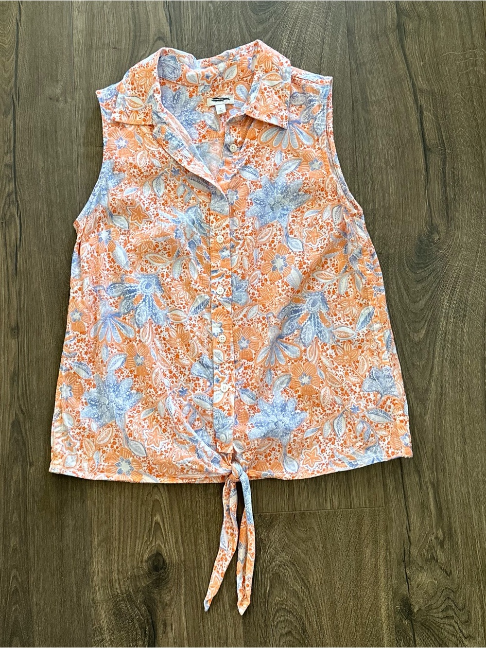 Talbots 100% Cotton Sleeveless Tie-Hem Floral Button-Down Top - Orange & Blue - Picture 2 of 5